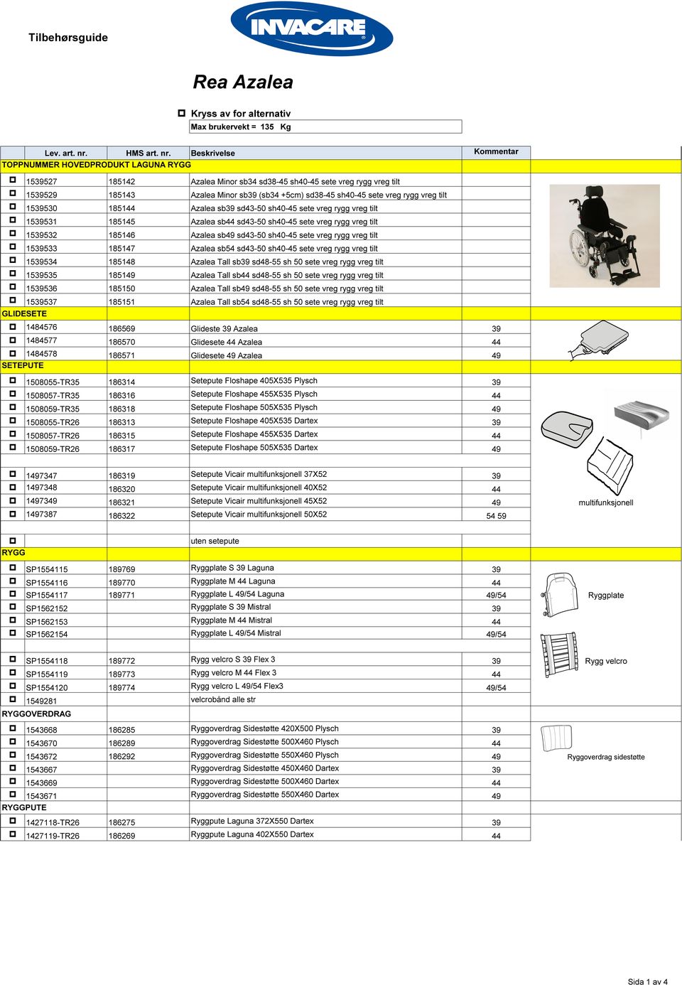 Beskrivelse Kommentar TOPPNUMMER HOVEDPRODUKT LAGUNA RYGG p 1539527 185142 Azalea Minor sb34 sd38-45 sh40-45 sete vreg rygg vreg tilt p 1539529 185143 Azalea Minor sb39 (sb34 +5cm) sd38-45 sh40-45