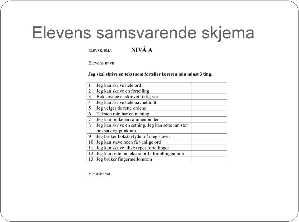 Teksten min har en mening 7 Jeg kan bruke en sammenbinder 8 Jeg kan skrive en setning. Jeg kan sette inn stor bokstav og punktum.