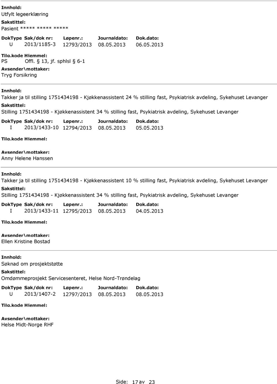 05.2013 Anny Helene Hanssen Takker ja til stilling 1751434198 - Kjøkkenassistent 10 % stilling fast, Psykiatrisk avdeling, Sykehuset Levanger Stilling 1751434198 - Kjøkkenassistent 34