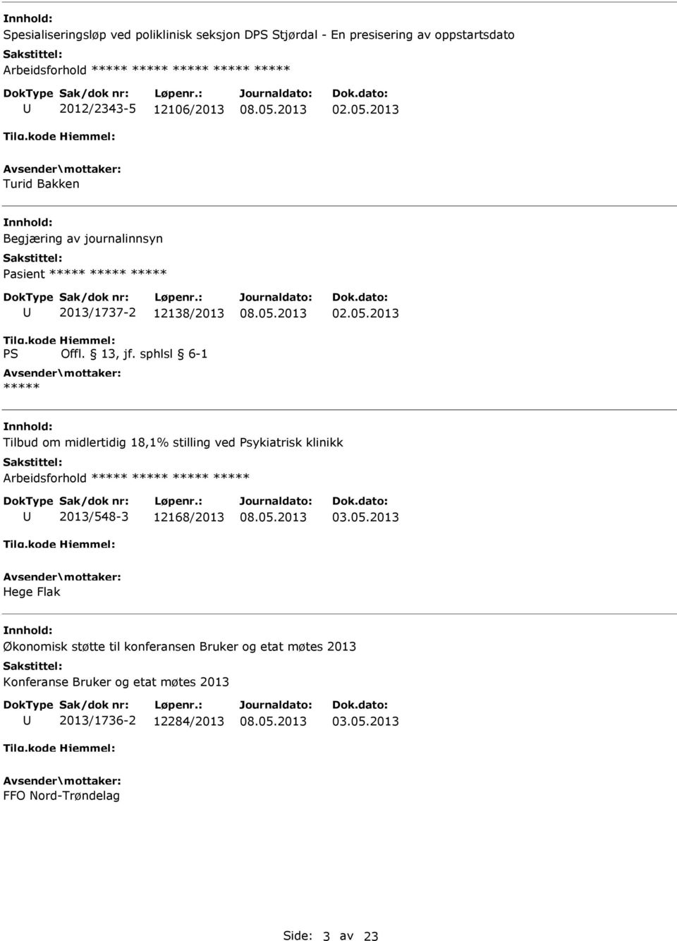 2013 Turid Bakken Begjæring av journalinnsyn 2013/1737-2 12138/2013 ***** 02.05.