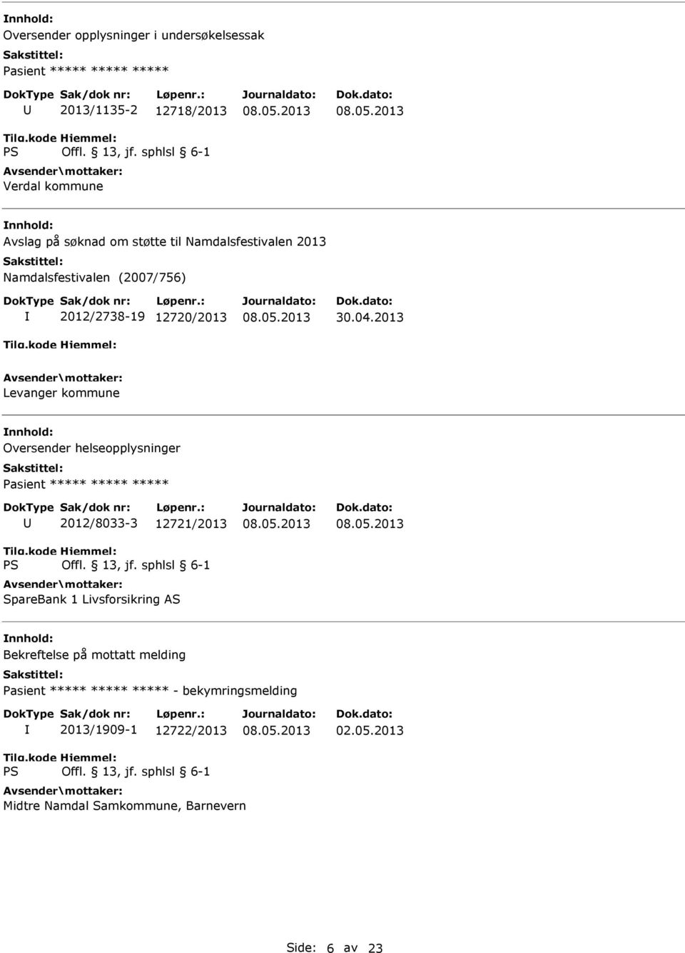 2013 Levanger kommune Oversender helseopplysninger 2012/8033-3 12721/2013 SpareBank 1 Livsforsikring AS