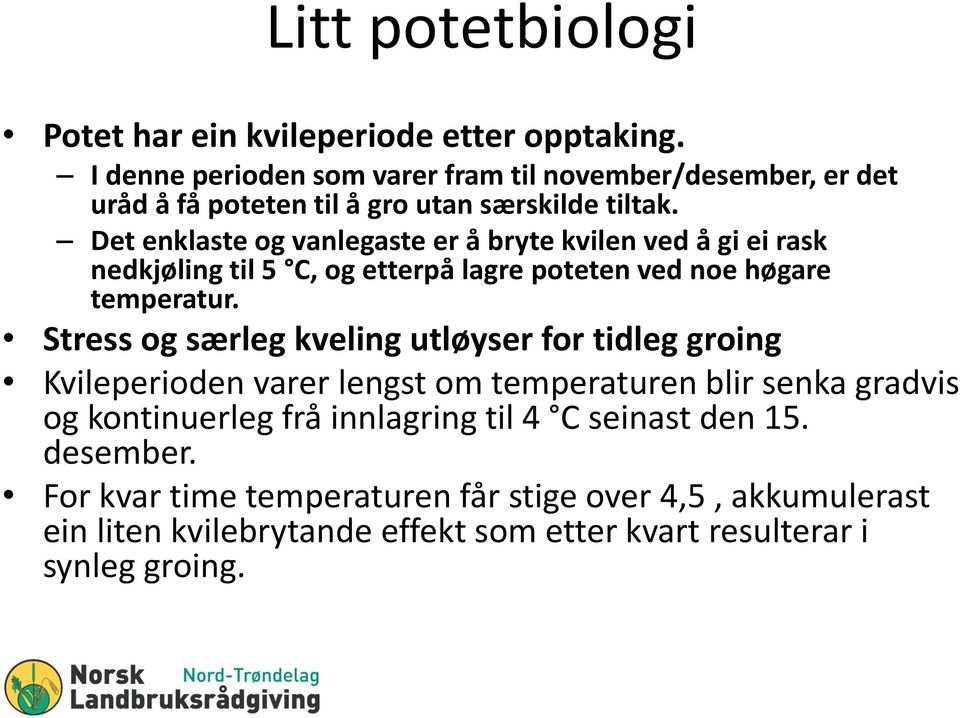 Det enklaste og vanlegaste er å bryte kvilen ved å gi ei rask nedkjøling til 5 C, og etterpå lagre poteten ved noe høgare temperatur.