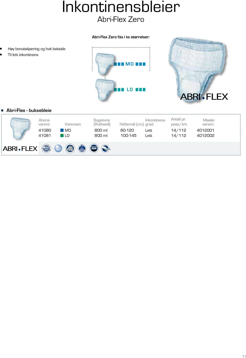 M0 L0 Abri-Flex - buksebleie Inkontinensgrad Hoftemål (cm) 41080 M0