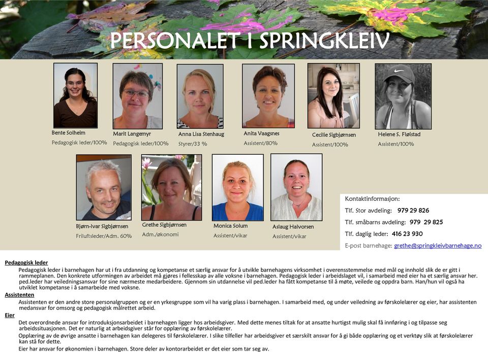 /økonomi Monica Solum Assistent/vikar Aslaug Halvorsen Assistent/vikar Tlf. småbarns avdeling: 979 29 825 Tlf. daglig leder: 416 23 930 E-post barnehage: grethe@springkleivbarnehage.