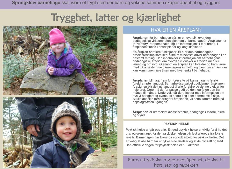 I årsplanen finnes korttidsplaner og langtidsplaner. En årsplan har flere funksjoner. Bl.a er den barnehagens arbeidsredskap som skal sikre at vi bevisst driver barnehagen i en bestemt retning.