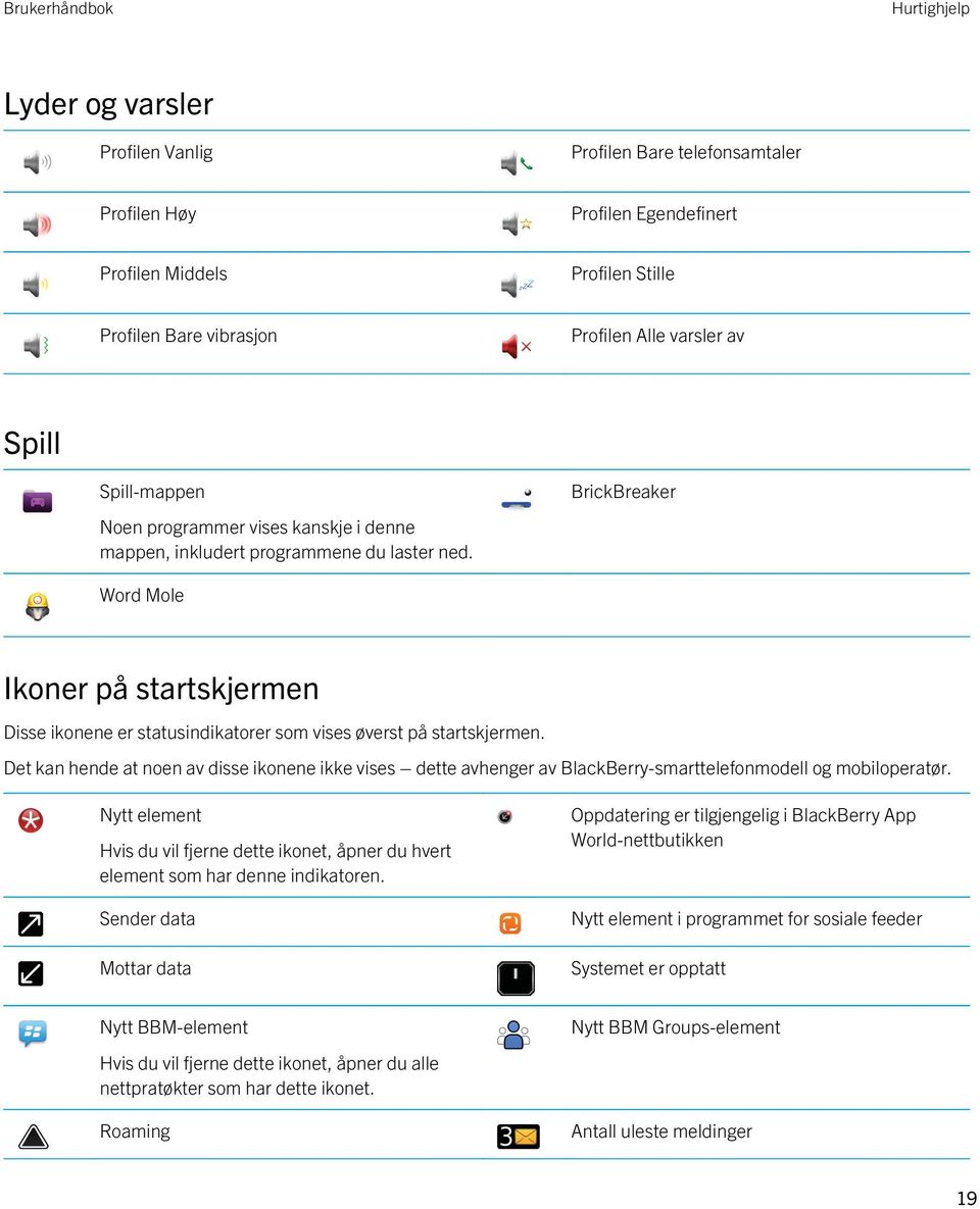 BrickBreaker Word Mole Ikoner på startskjermen Disse ikonene er statusindikatorer som vises øverst på startskjermen.