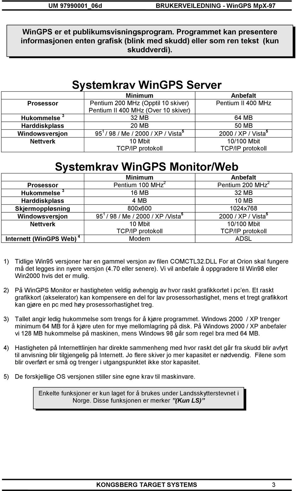 Windowsversjon 95 1 / 98 / Me / 2000 / XP / Vista 5 2000 / XP / Vista 5 Nettverk 10 Mbit TCP/IP protokoll 10/100 Mbit TCP/IP protokoll Systemkrav WinGPS Monitor/Web Minimum Anbefalt Prosessor Pentium