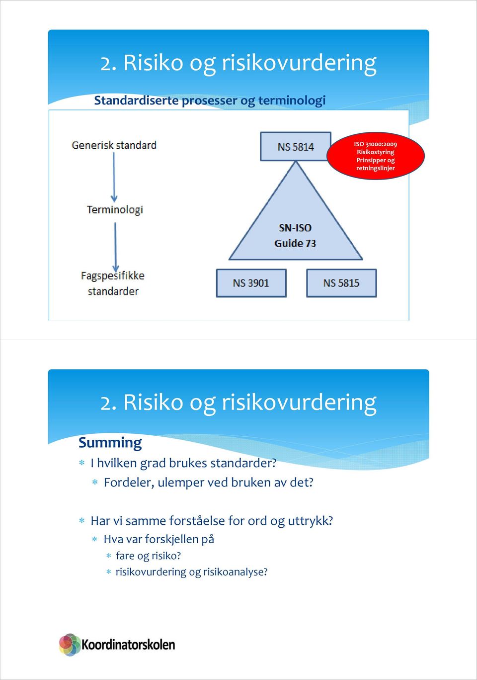 Risiko og risikovurdering Summing I hvilken grad brukes standarder?