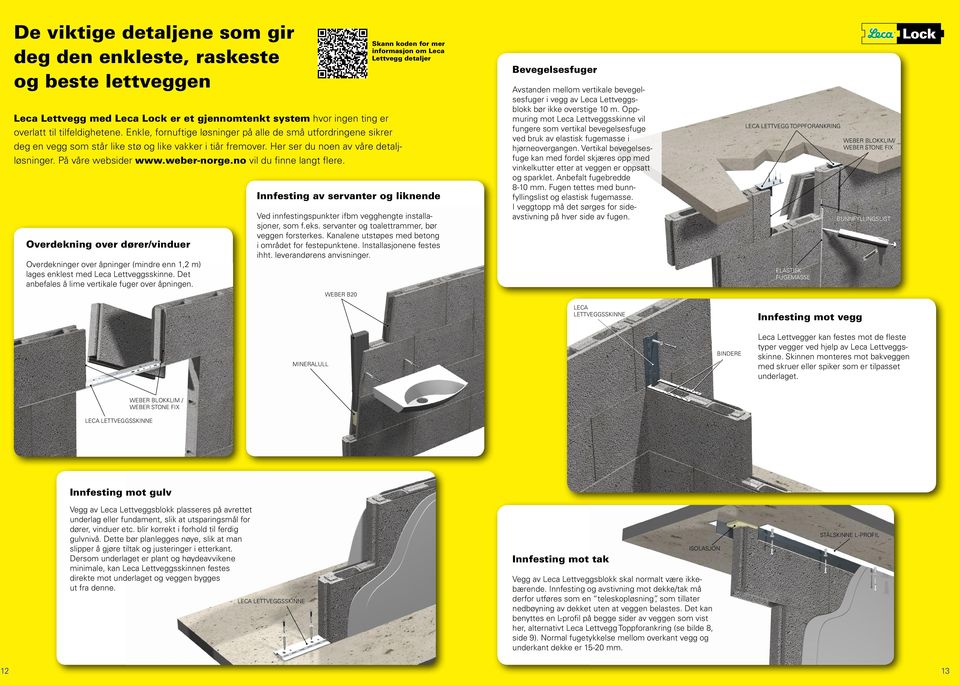 no vil du finne langt flere. Overdekning over dører/vinduer Overdekninger over åpninger (mindre enn 1,2 m) lages enklest med Leca Lettveggsskinne. Det anbefales å lime vertikale fuger over åpningen.