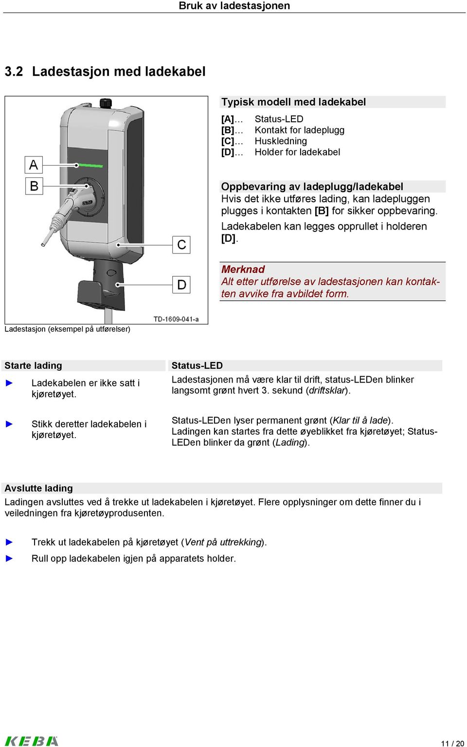 lading, kan ladepluggen plugges i kontakten [B] for sikker oppbevaring. Ladekabelen kan legges opprullet i holderen [D].