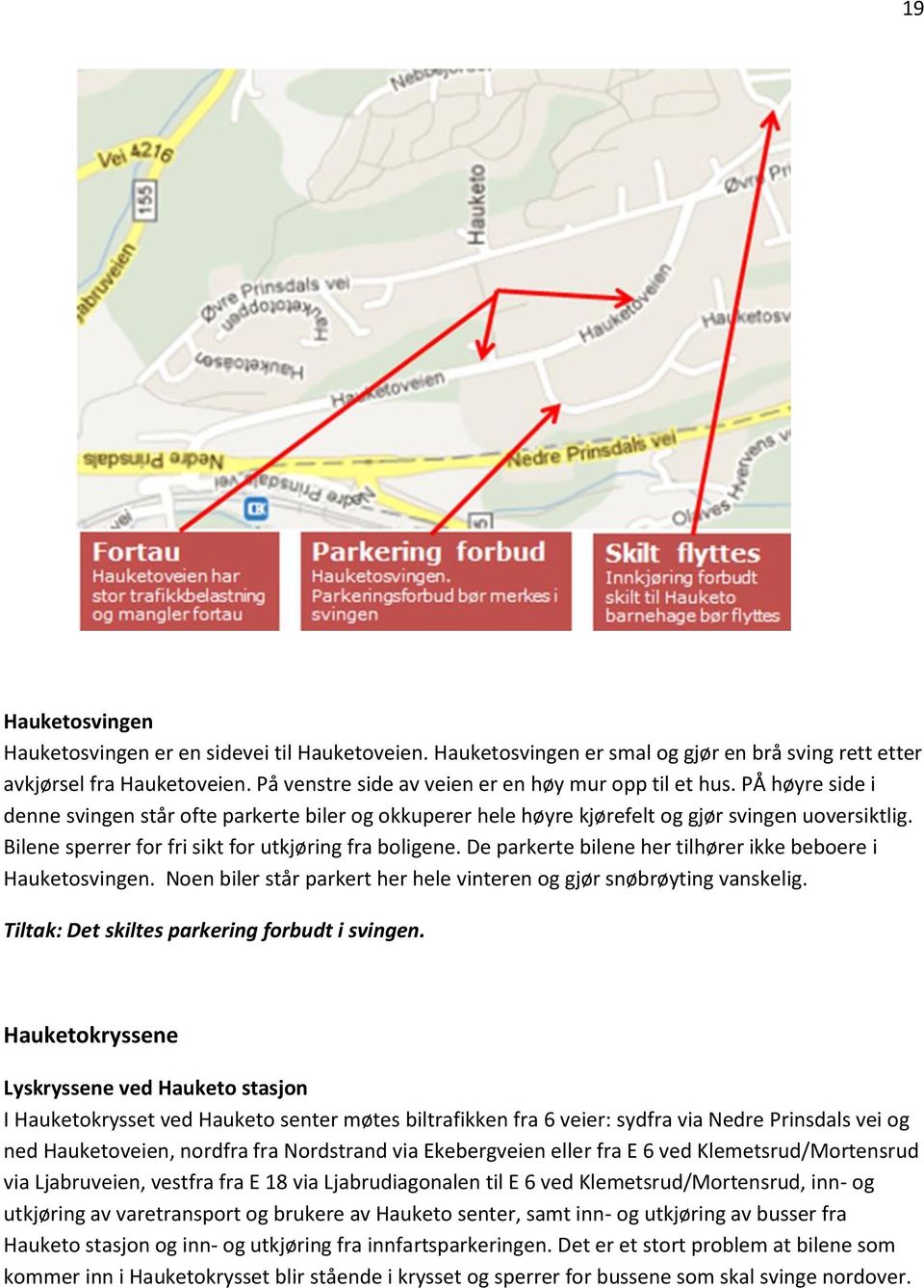 Bilene sperrer for fri sikt for utkjøring fra boligene. De parkerte bilene her tilhører ikke beboere i Hauketosvingen. Noen biler står parkert her hele vinteren og gjør snøbrøyting vanskelig.