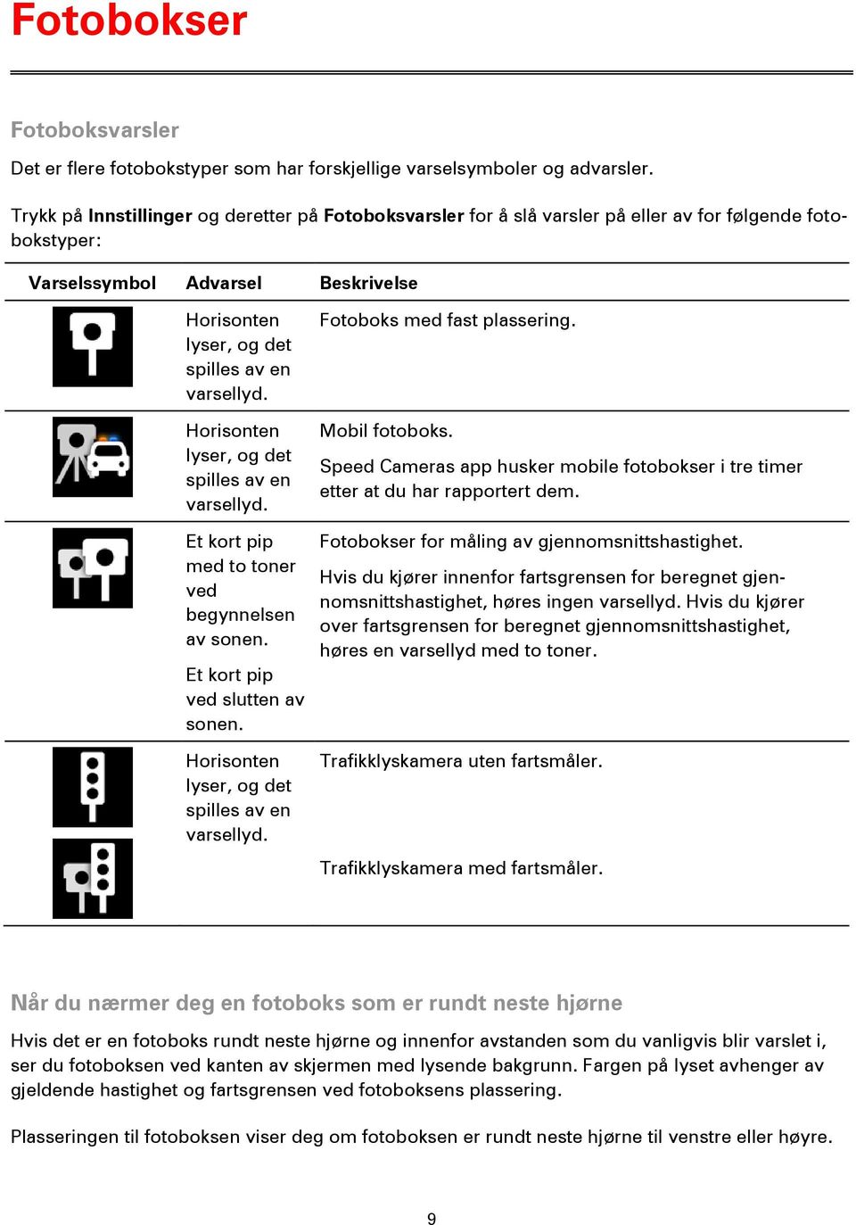 Horisonten lyser, og det spilles av en varsellyd. Fotoboks med fast plassering. Mobil fotoboks. Speed Cameras app husker mobile fotobokser i tre timer etter at du har rapportert dem.