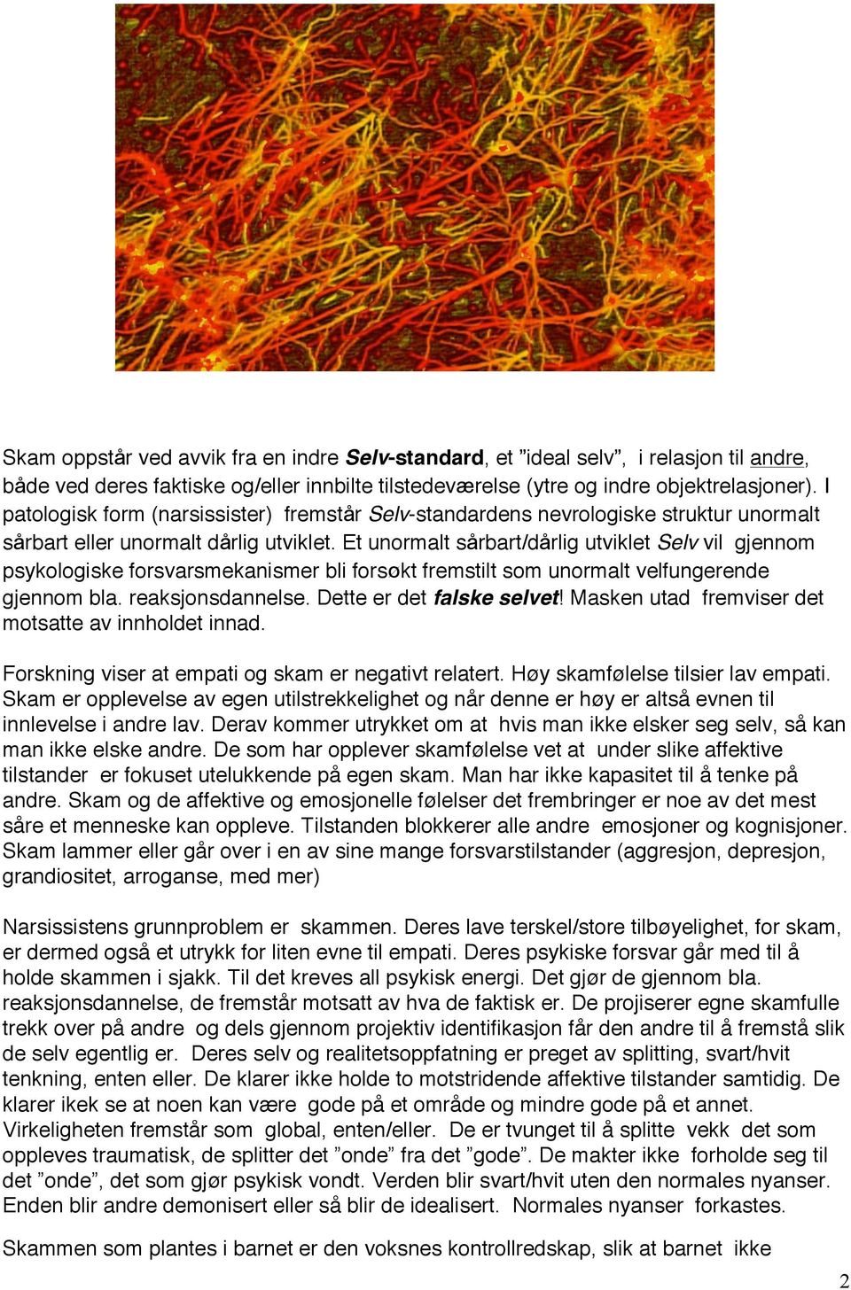 Et unormalt sårbart/dårlig utviklet Selv vil gjennom psykologiske forsvarsmekanismer bli forsøkt fremstilt som unormalt velfungerende gjennom bla. reaksjonsdannelse. Dette er det falske selvet!