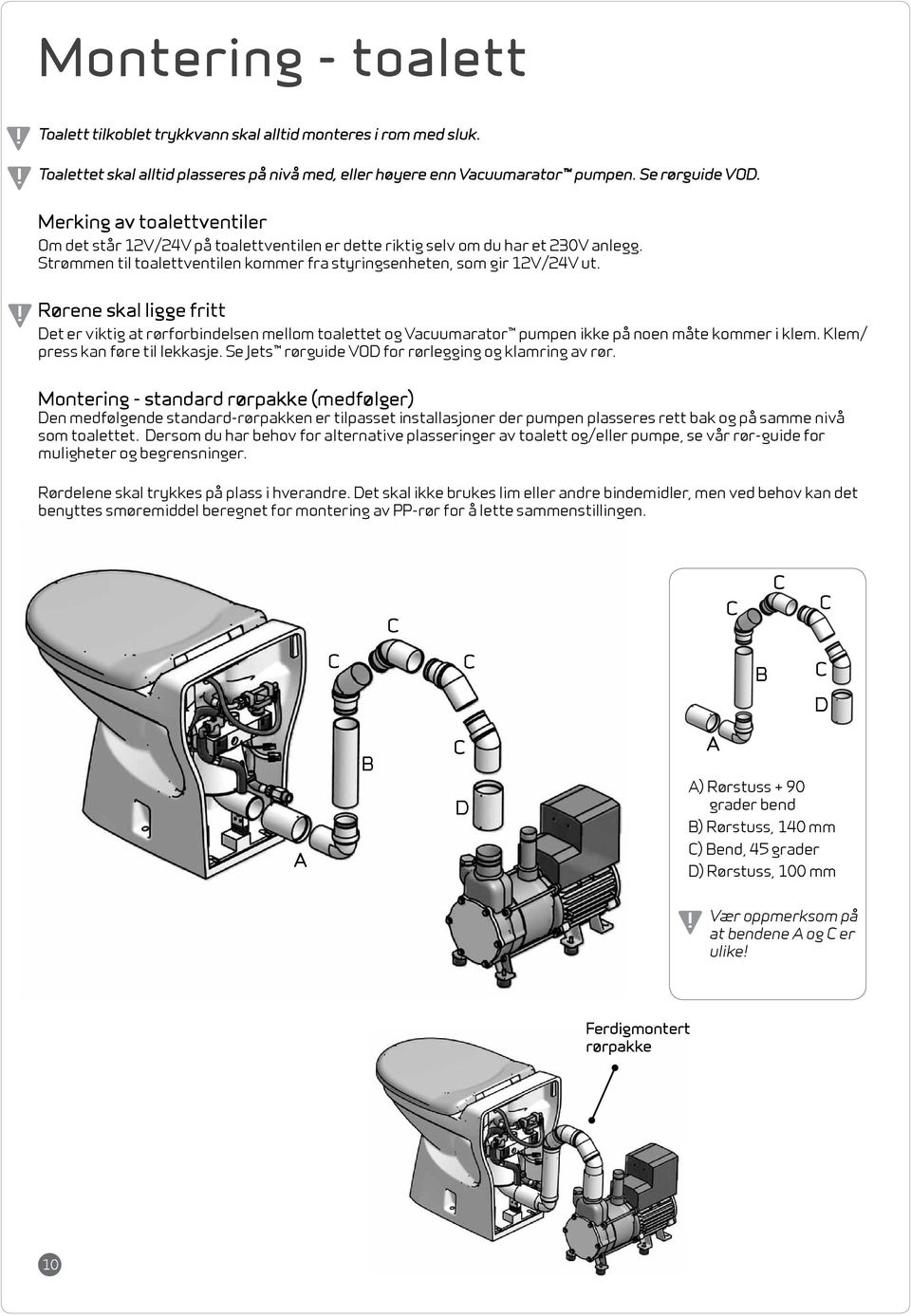 Rørene skal ligge fritt Det er viktig at rørforbindelsen mellom toalettet og Vacuumarator pumpen ikke på noen måte kommer i klem. Klem/ press kan føre til lekkasje.