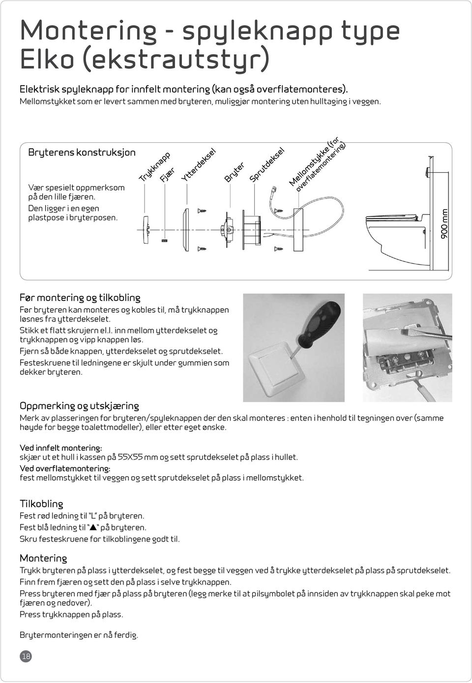 Trykknapp Fjær Ytterdeksel Bryter Sprutdeksel Mellomstykke (for overflatemontering) Den ligger i en egen plastpose i bryterposen.