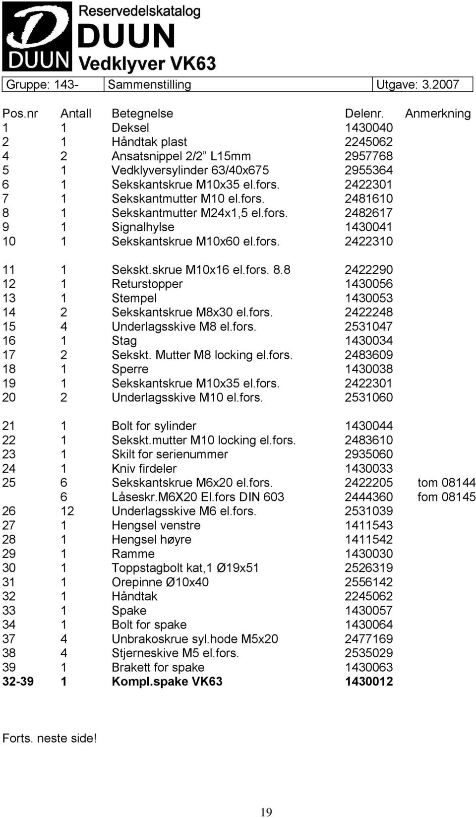 9 4 Sekskt.skrue M0x6 el.fors. 8.8 Returstopper Stempel Sekskantskrue M8x30 el.fors. Underlagsskive M8 el.fors. Stag Sekskt. Mutter M8 locking el.fors. Sperre Sekskantskrue M0x35 el.fors. Underlagsskive M0 el.