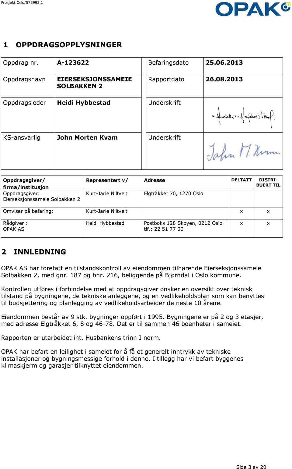 DISTRI- BUERT TIL Kurt-Jarle Niltveit Elgtråkket 70, 1270 Oslo Omviser på befaring: Kurt-Jarle Niltveit x x Rådgiver : OPAK AS Heidi Hybbestad Postboks 128 Skøyen, 0212 Oslo tlf.