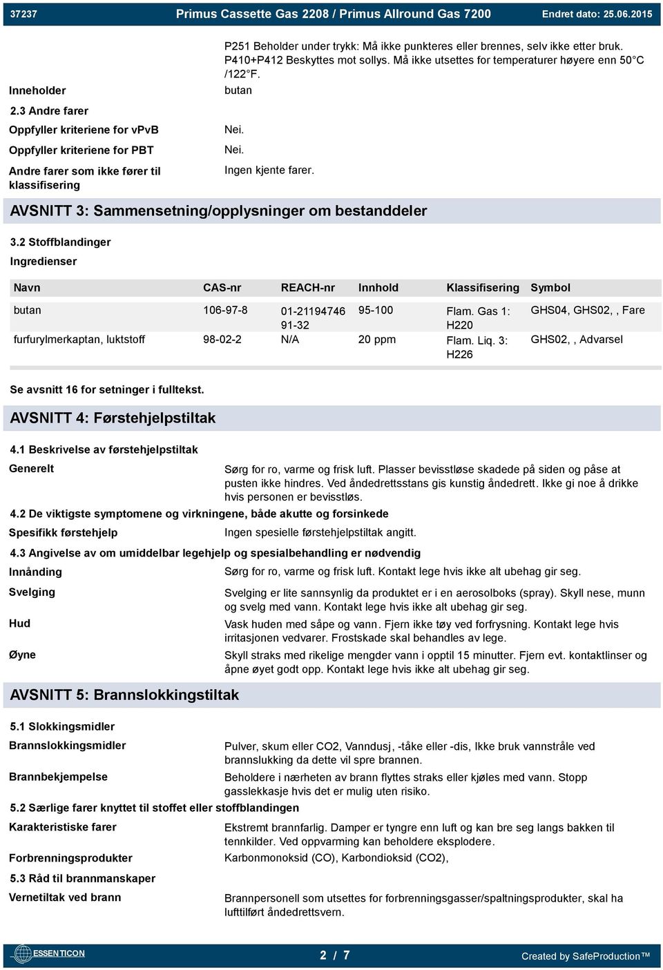 P410+P412 Beskyttes mot sollys. Må ikke utsettes for temperaturer høyere enn 50 C /122 F. butan Nei. Nei. Ingen kjente farer. AVSNITT 3: Sammensetning/opplysninger om bestanddeler 3.