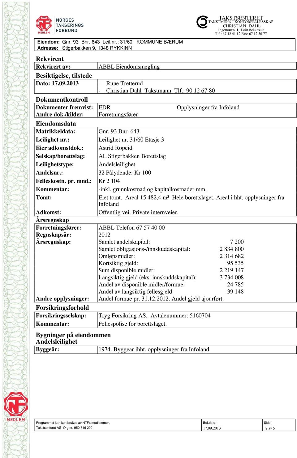 /kilder: Forretningsfører Eiendomsdata Matrikkeldata: Gnr. 93 Bnr. 643 Leilighet nr.: Leilighet nr. 31/60 Etasje 3 Eier adkomstdok.