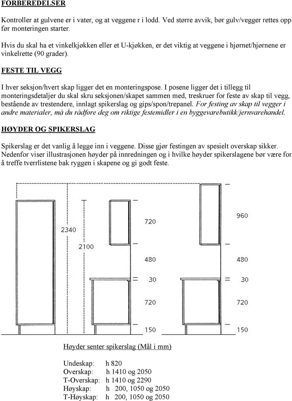 I posene ligger det i tillegg til monteringsdetaljer du skal skru seksjonen/skapet sammen med, treskruer for feste av skap til vegg, bestående av trestendere, innlagt spikerslag og gips/spon/trepanel.