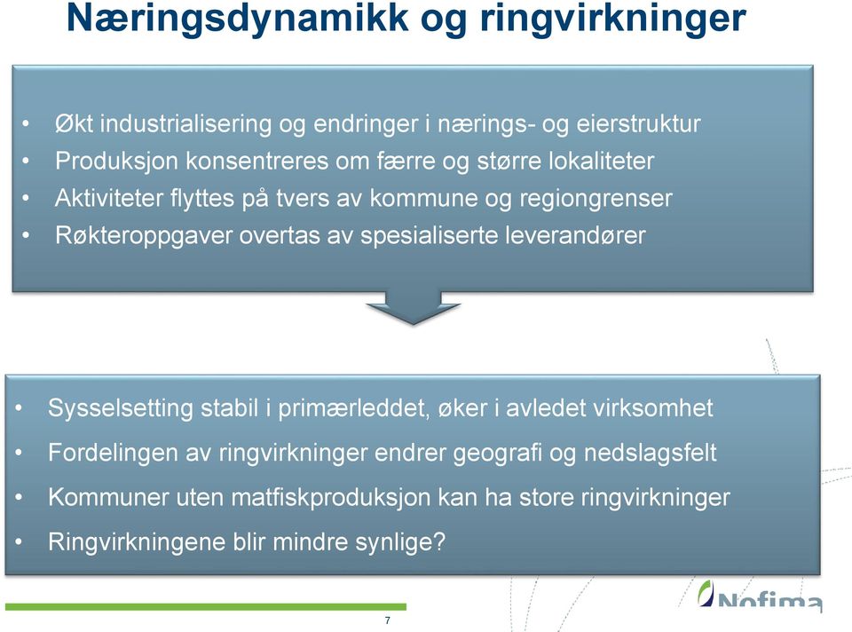 spesialiserte leverandører Sysselsetting stabil i primærleddet, øker i avledet virksomhet Fordelingen av ringvirkninger