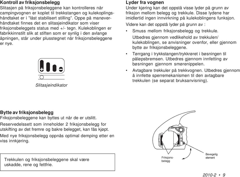 Kulekoblingen er fabrikkinnstilt slik at stiften som er synlig i den avlange åpningen, står under plusstegnet når friksjonsbeleggene er nye.