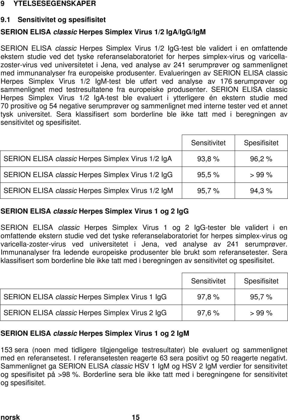 1 Sensitivitet og spesifisitet Pos: 43 /Ar bei tsanl eitungen ELISA cl assic/gültig für nur ein D okument/leistungsmer kmal e/h SV/HSV: Sensi ti vität und Spezifi tät @ 14\mod_1401284763833_32798.