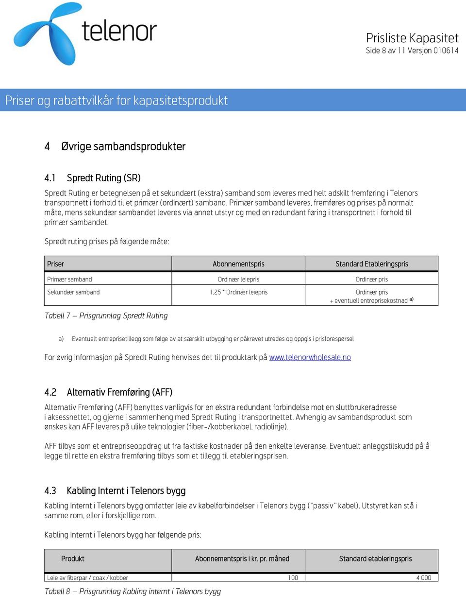 Primær samband leveres, fremføres og prises på normalt måte, mens sekundær sambandet leveres via annet utstyr og med en redundant føring i transportnett i forhold til primær sambandet.