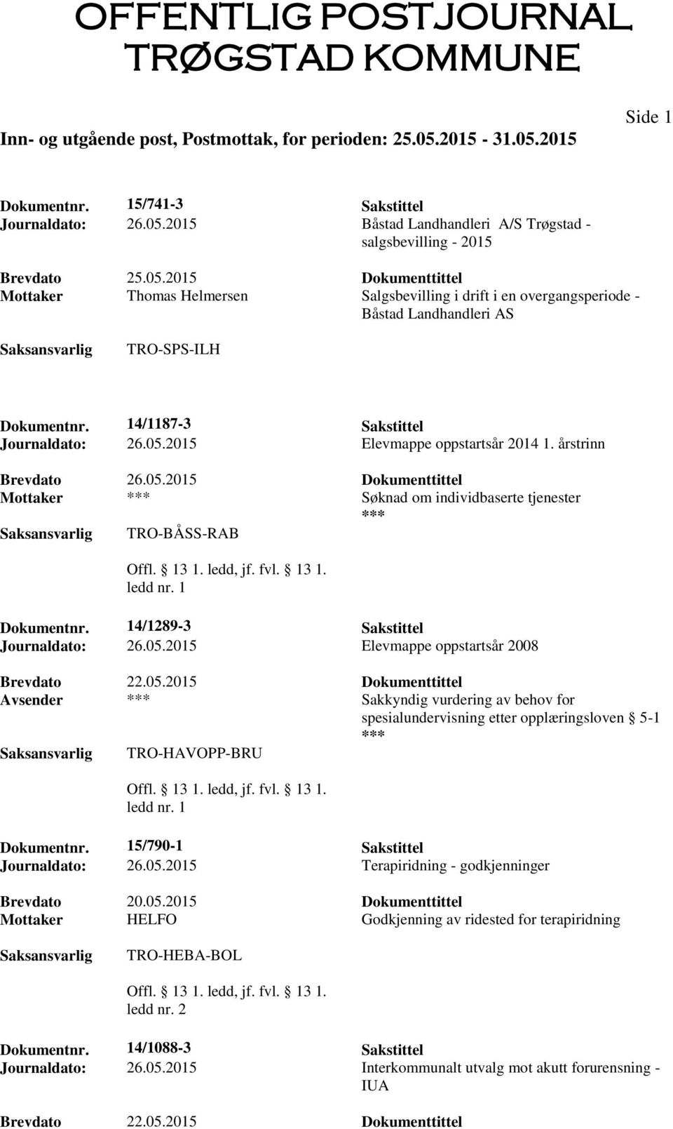 05.2015 Dokumenttittel Avsender Sakkyndig vurdering av behov for spesialundervisning etter opplæringsloven 5-1 TRO-HAVOPP-BRU Dokumentnr. 15/790-1 Sakstittel Journaldato: 26.05.2015 Terapiridning - godkjenninger Brevdato 20.