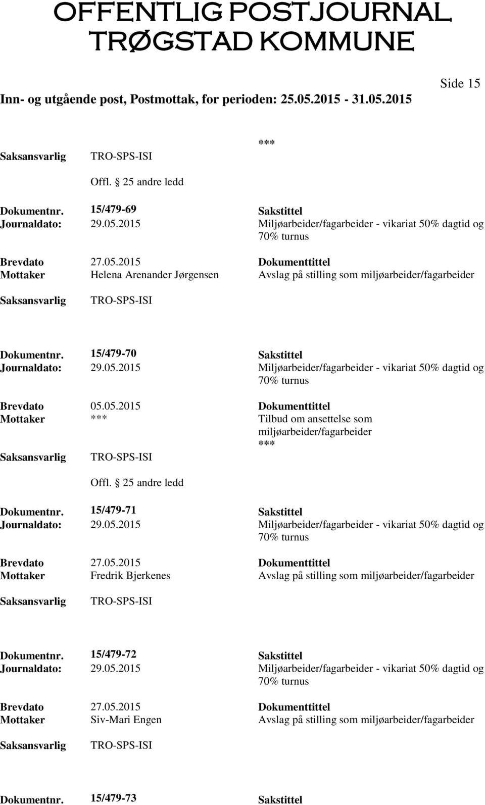 15/479-70 Sakstittel Brevdato 05.05.2015 Dokumenttittel Mottaker Tilbud om ansettelse som miljøarbeider/fagarbeider Offl.