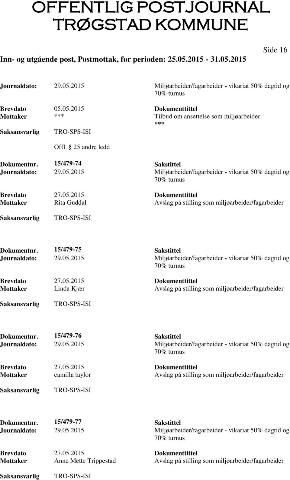 15/479-75 Sakstittel Mottaker Linda Kjær Avslag på stilling som miljøarbeider/fagarbeider Dokumentnr.