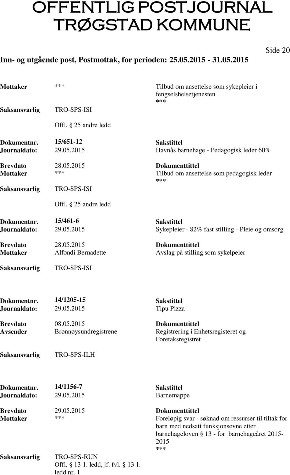 05.2015 Sykepleier - 82% fast stilling - Pleie og omsorg Brevdato 28.05.2015 Dokumenttittel Mottaker Alfondi Bernadette Avslag på stilling som sykelpeier Dokumentnr.