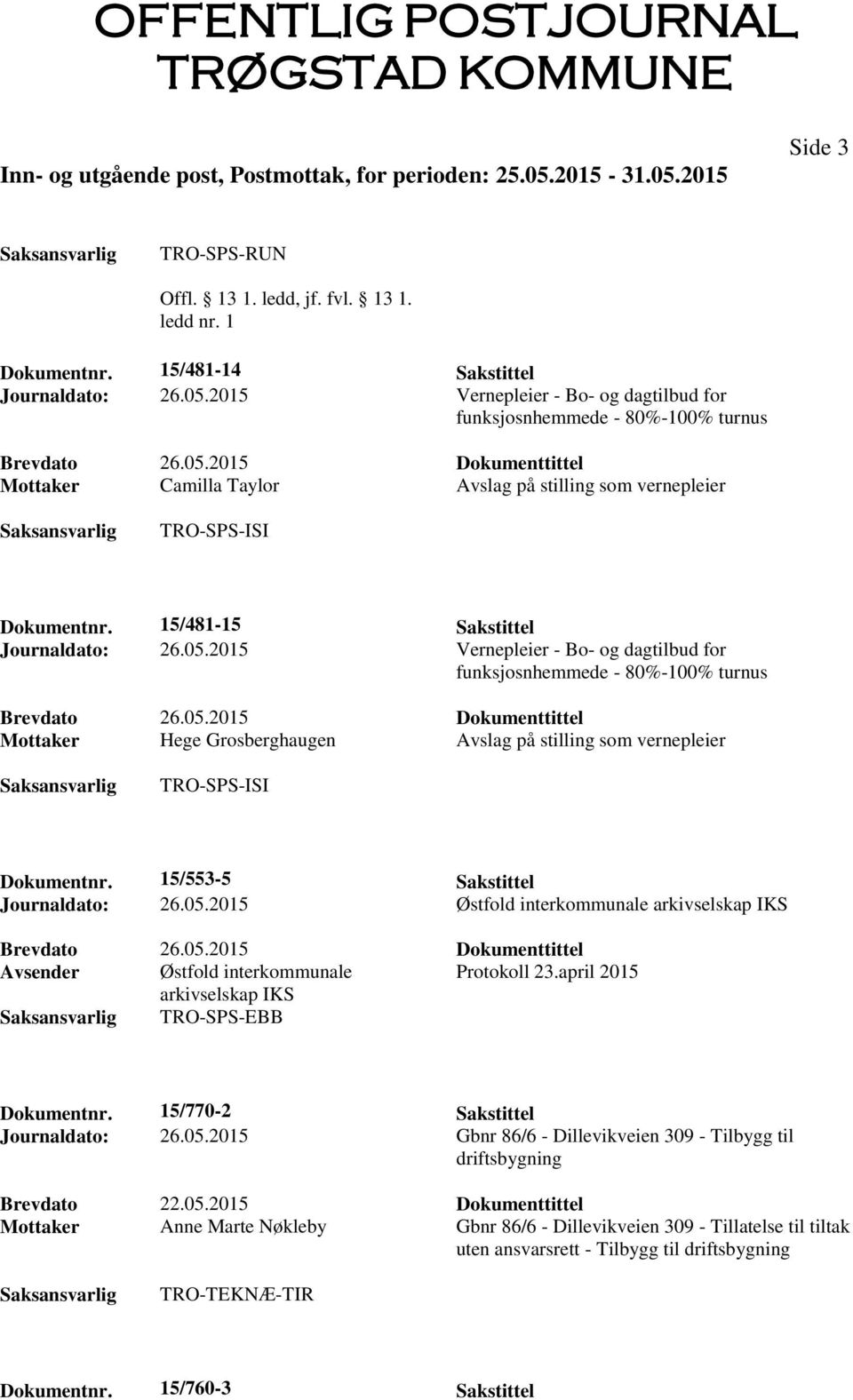 2015 Vernepleier - Bo- og dagtilbud for funksjosnhemmede - 80%-100% turnus Mottaker Hege Grosberghaugen Avslag på stilling som vernepleier Dokumentnr. 15/553-5 Sakstittel Journaldato: 26.05.