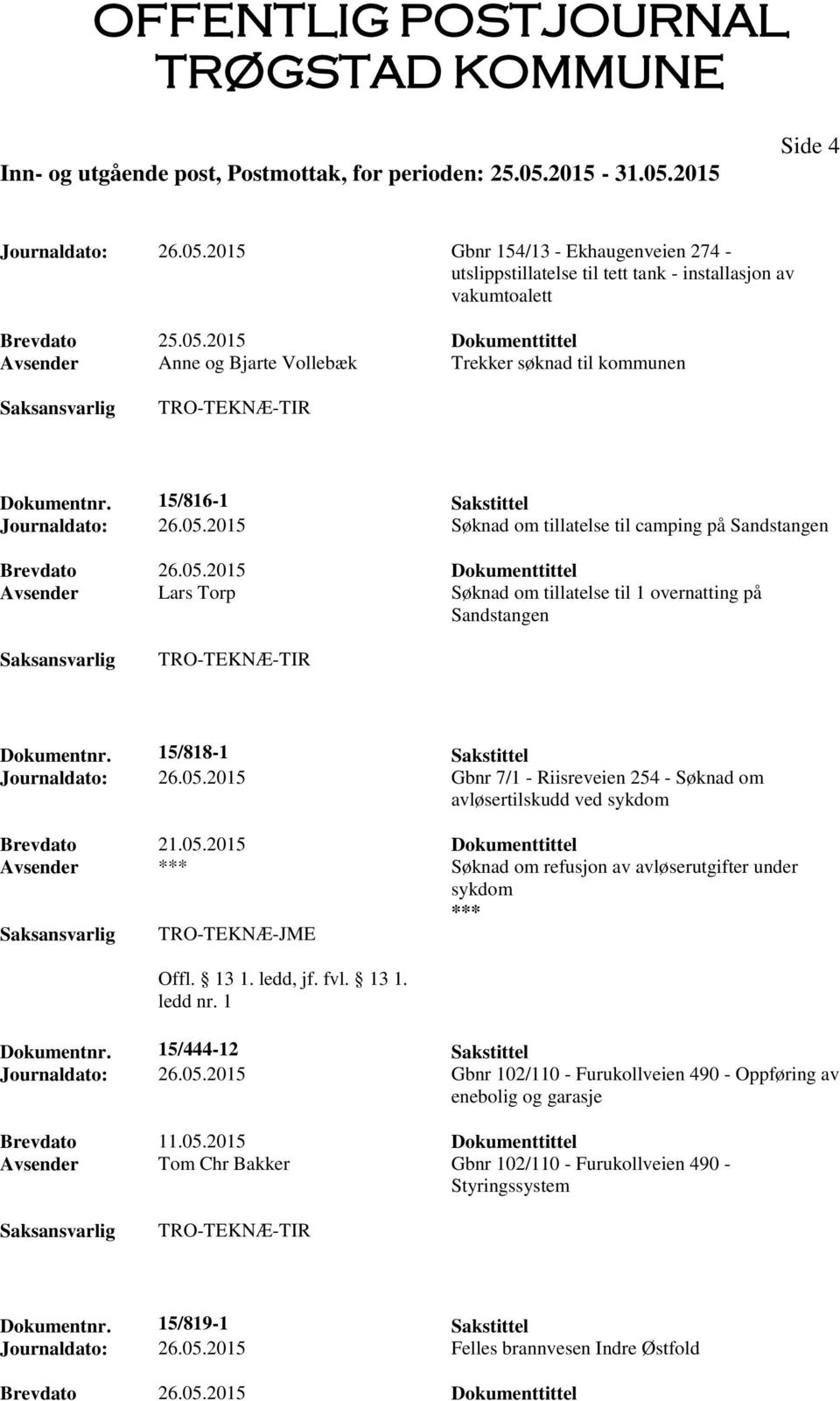 15/818-1 Sakstittel Journaldato: 26.05.2015 Gbnr 7/1 - Riisreveien 254 - Søknad om avløsertilskudd ved sykdom Brevdato 21.05.2015 Dokumenttittel Avsender Søknad om refusjon av avløserutgifter under sykdom TRO-TEKNÆ-JME Dokumentnr.