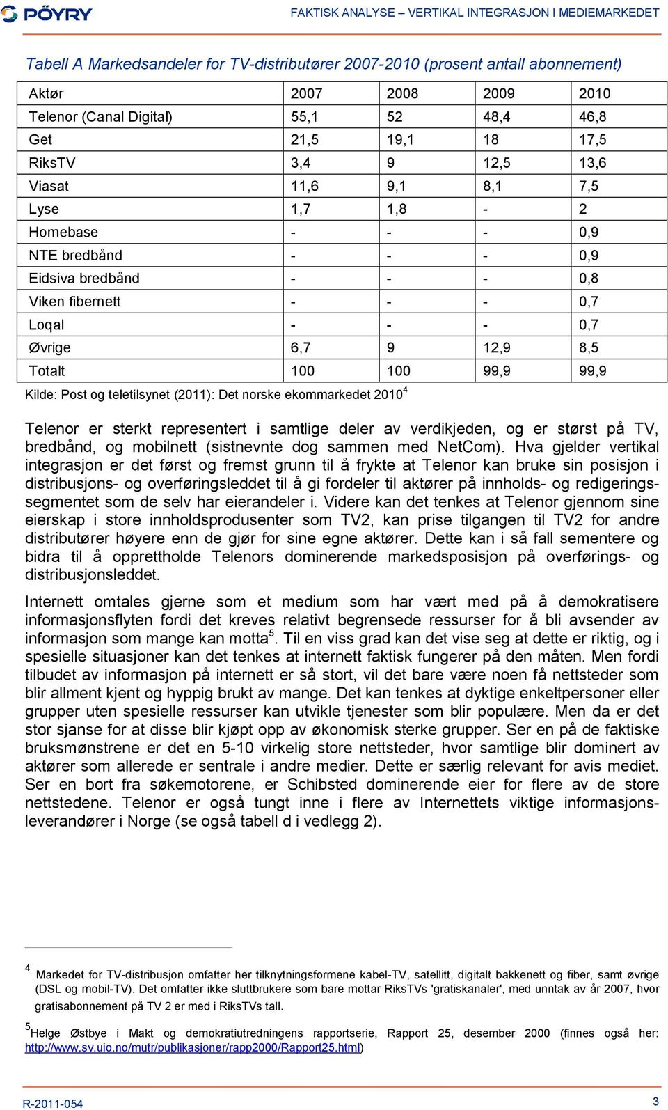 Kilde: Post og teletilsynet (2011): Det norske ekommarkedet 2010 4 Telenor er sterkt representert i samtlige deler av verdikjeden, og er størst på TV, bredbånd, og mobilnett (sistnevnte dog sammen