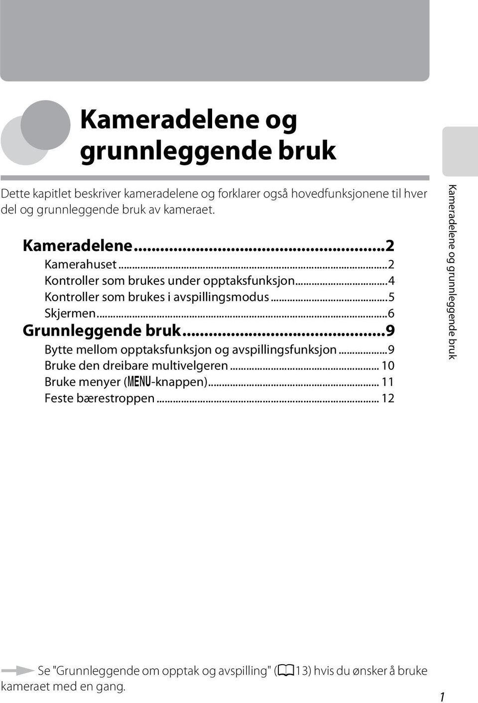 ..6 Grunnleggende bruk...9 Bytte mellom opptaksfunksjon og avspillingsfunksjon...9 Bruke den dreibare multivelgeren... 10 Bruke menyer (d-knappen).