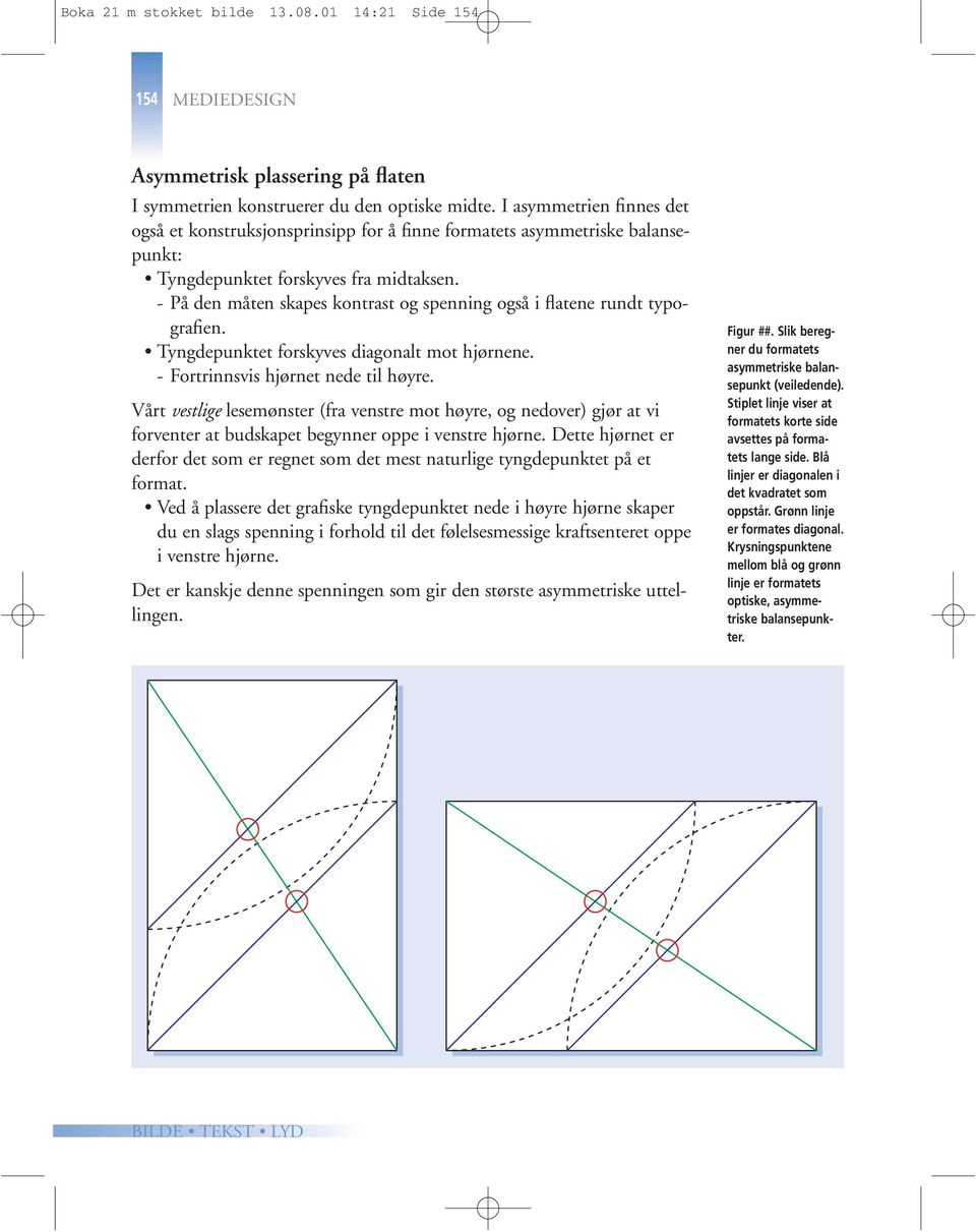 -På den måten skapes kontrast og spenning også i flatene rundt typografien. Tyngdepunktet forskyves diagonalt mot hjørnene. - Fortrinnsvis hjørnet nede til høyre.