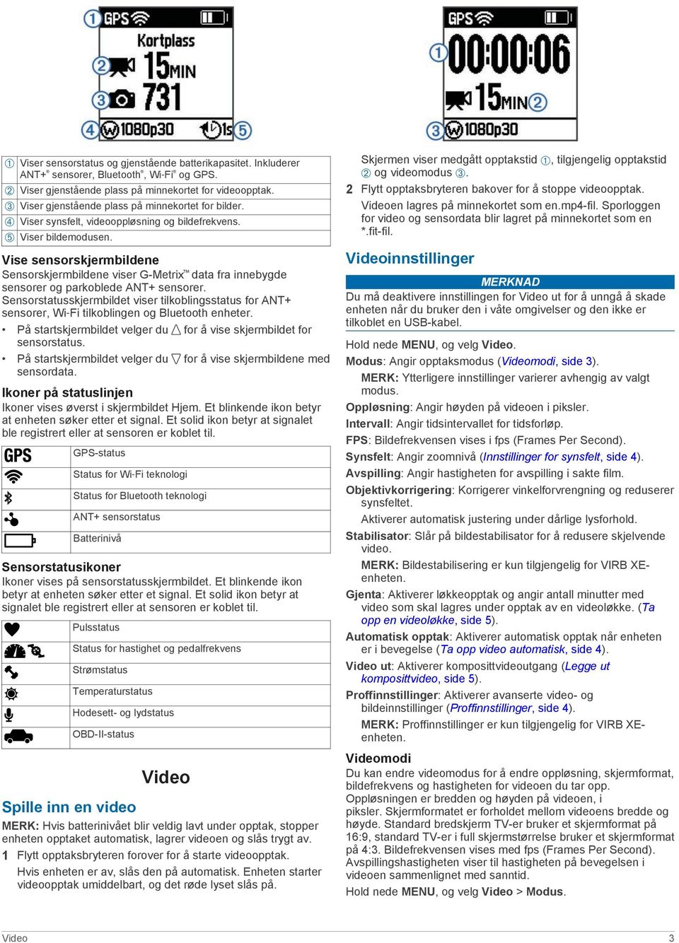 Vise sensorskjermbildene Sensorskjermbildene viser G-Metrix data fra innebygde sensorer og parkoblede ANT+ sensorer.