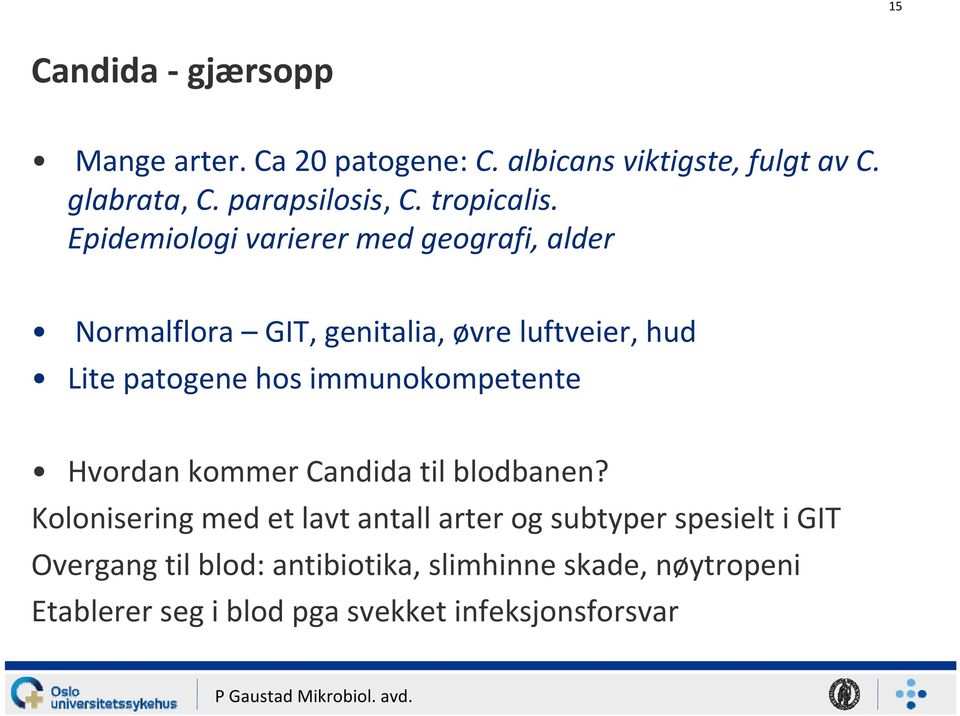 Epidemiologi varierer med geografi, alder Normalflora GIT, genitalia, øvre luftveier, hud Lite patogene hos