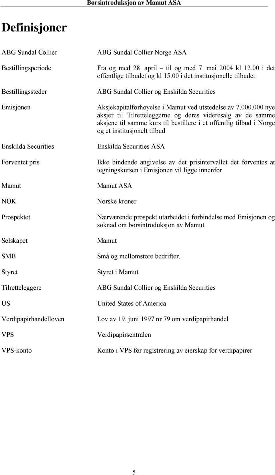 00 i det institusjonelle tilbudet ABG Sundal Collier og Enskilda Securities Aksjekapitalforhøyelse i Mamut ved utstedelse av 7.000.