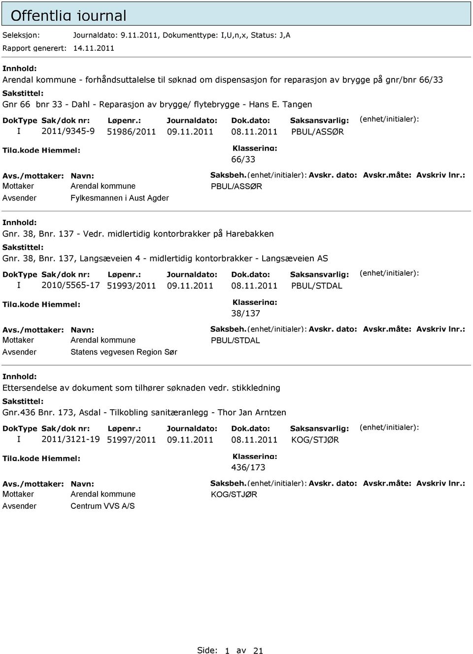 Tangen 2011/9345-9 51986/2011 PBUL/ASSØR 66/33 Avs./mottaker: Navn: Saksbeh. Avskr. dato: Avskr.måte: Avskriv lnr.: PBUL/ASSØR Avsender Fylkesmannen i Aust Agder nnhold: Gnr. 38, Bnr. 137 - Vedr.