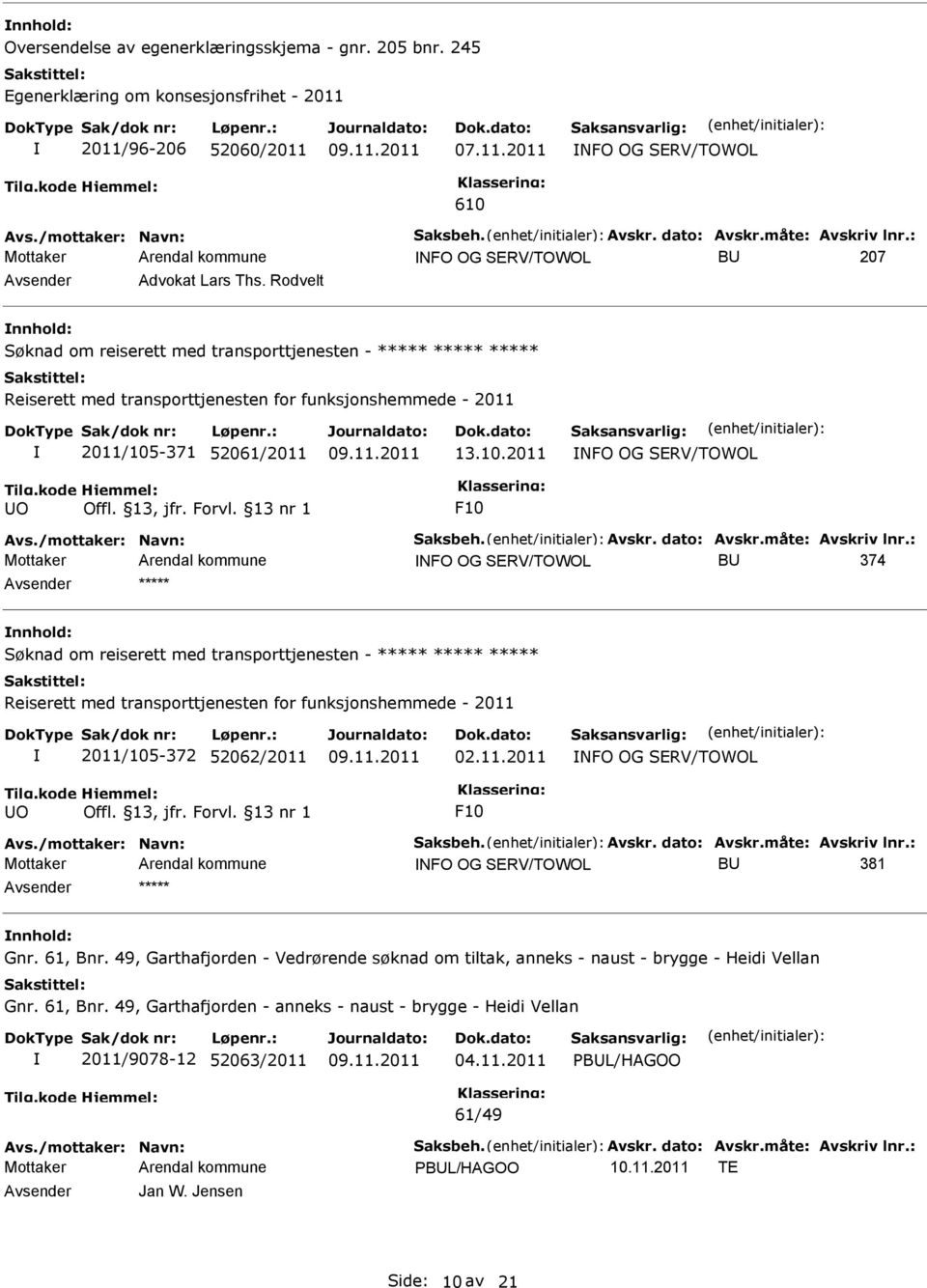 Rodvelt nnhold: Søknad om reiserett med transporttjenesten - Reiserett med transporttjenesten for funksjonshemmede - 2011 2011/105-371 52061/2011 13.10.2011 NFO OG SERV/TOWOL F10 Avs.