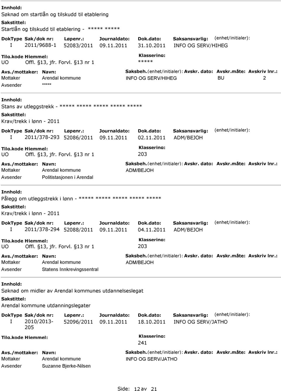 måte: Avskriv lnr.: ADM/BEJOH Avsender Politistasjonen i Arendal nnhold: Pålegg om utleggstrekk i lønn - Krav/trekk i lønn - 2011 2011/378-294 52088/2011 04.11.2011 ADM/BEJOH 203 Avs.