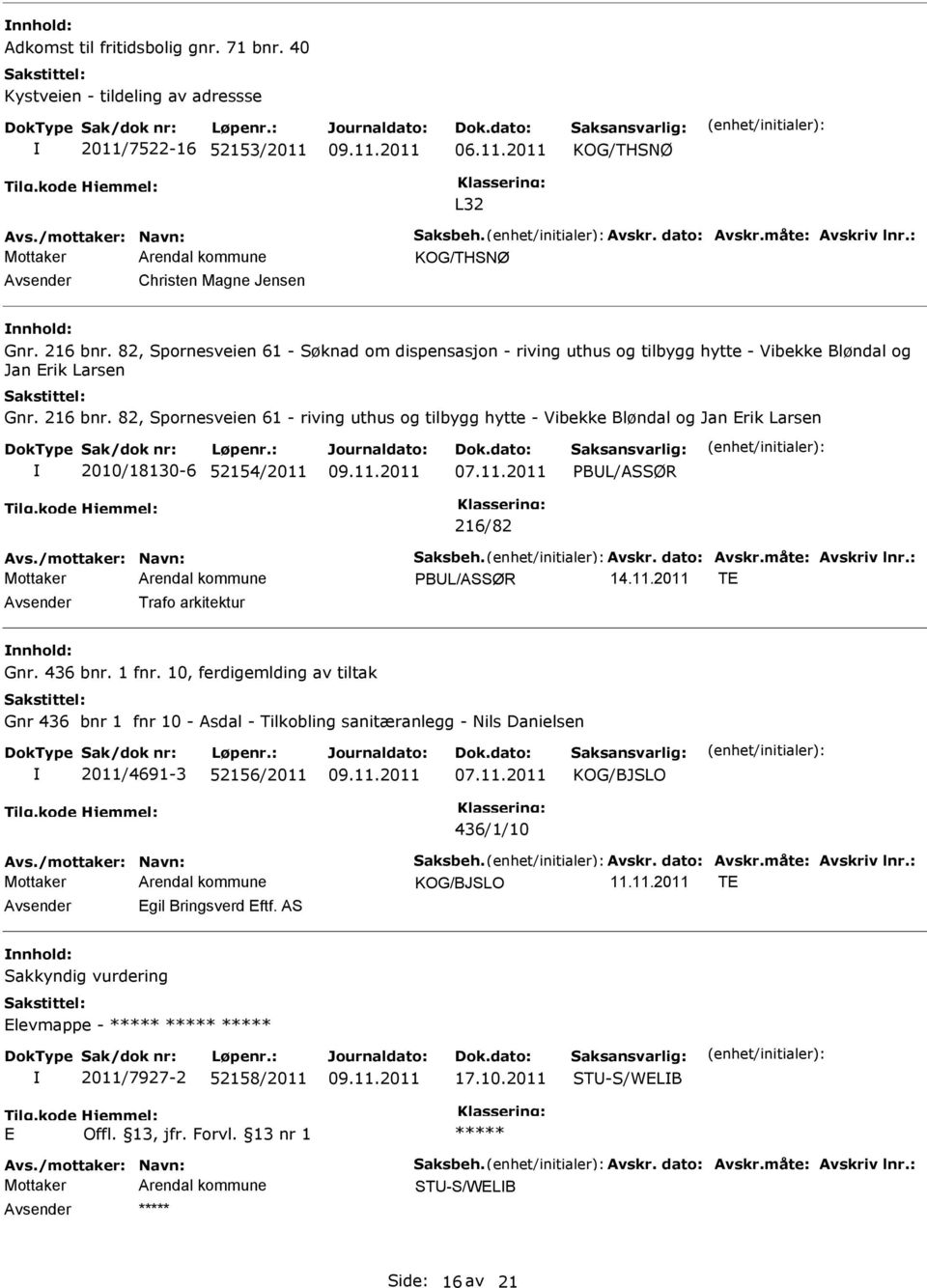 /mottaker: Navn: Saksbeh. Avskr. dato: Avskr.måte: Avskriv lnr.: PBUL/ASSØR 14.11.2011 TE Avsender Trafo arkitektur nnhold: Gnr. 436 bnr. 1 fnr.