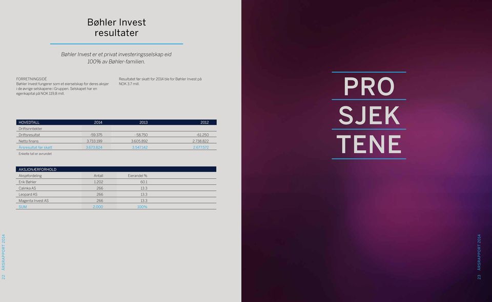 Resultatet før skatt for 2014 ble for Bøhler Invest på NOK 3.7 mill. PRO HOVEDTALL 2014 2013 2012 Driftsinntekter Driftsresultat -59.375-58.750-61.250 Netto finans 3.733.199 3.605.892 2.