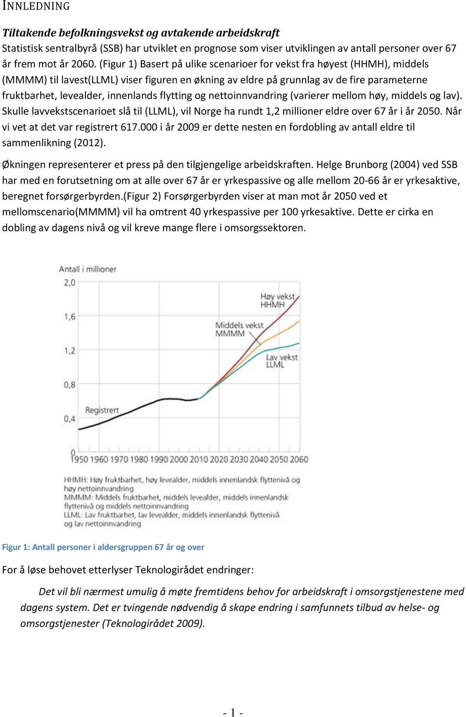 innenlands flytting og nettoinnvandring (varierer mellom høy, middels og lav). Skulle lavvekstscenarioet slå til (LLML), vil Norge ha rundt 1,2 millioner eldre over 67 år i år 2050.