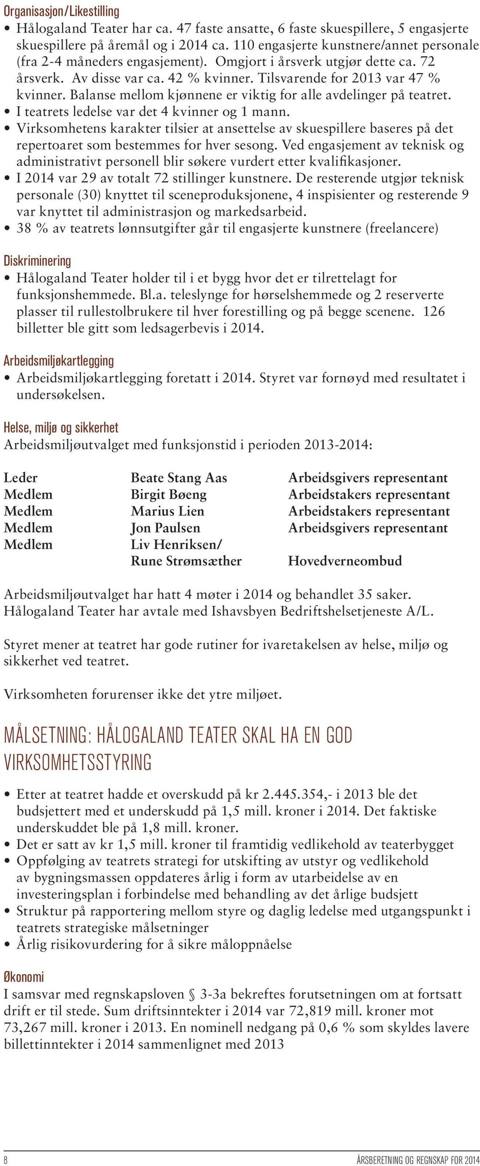 Balanse mellom kjønnene er viktig for alle avdelinger på teatret. I teatrets ledelse var det 4 kvinner og 1 mann.