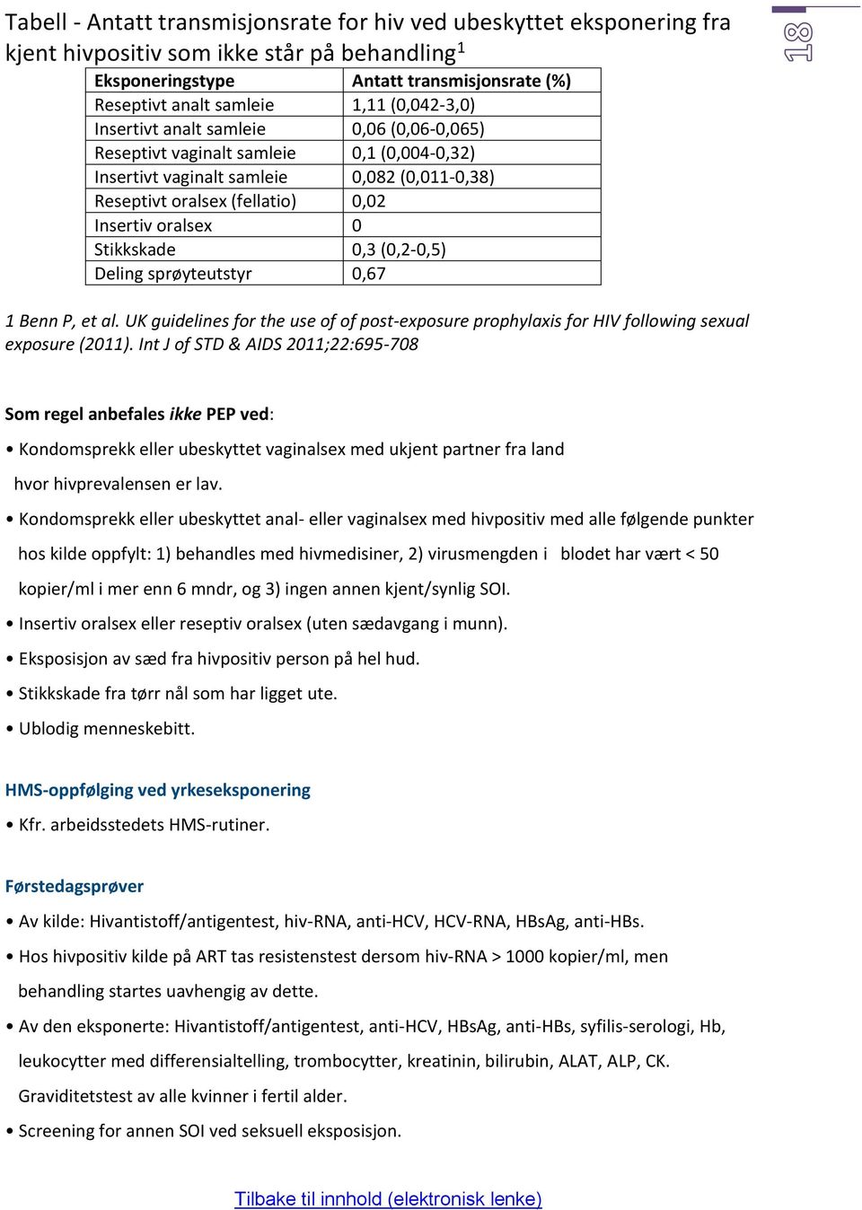 Stikkskade 0,3 (0,2-0,5) Deling sprøyteutstyr 0,67 1 Benn P, et al. UK guidelines for the use of of post-exposure prophylaxis for HIV following sexual exposure (2011).