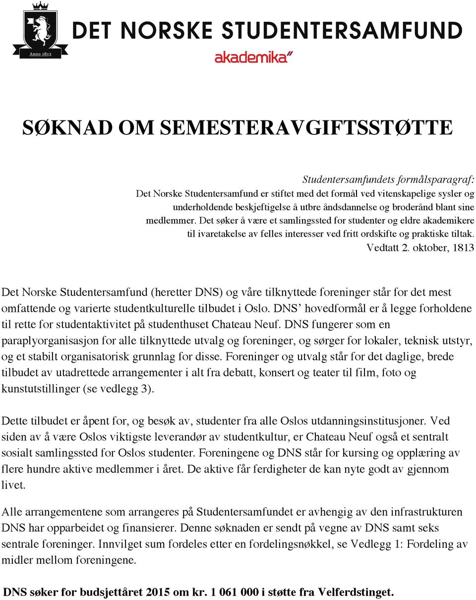 Vedtatt 2. oktober, 1813 Det Norske Studentersamfund (heretter DNS) og våre tilknyttede foreninger står for det mest omfattende og varierte studentkulturelle tilbudet i Oslo.