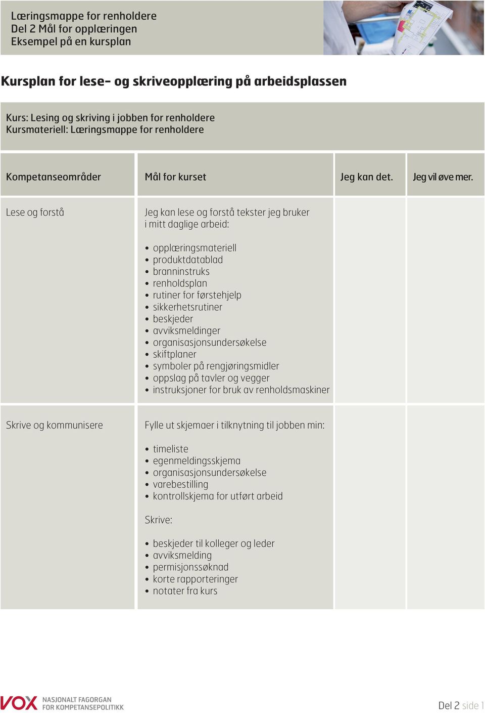 Lese og forstå Jeg kan lese og forstå tekster jeg bruker i mitt daglige arbeid: opplæringsmateriell produktdatablad branninstruks renholdsplan rutiner for førstehjelp sikkerhetsrutiner beskjeder